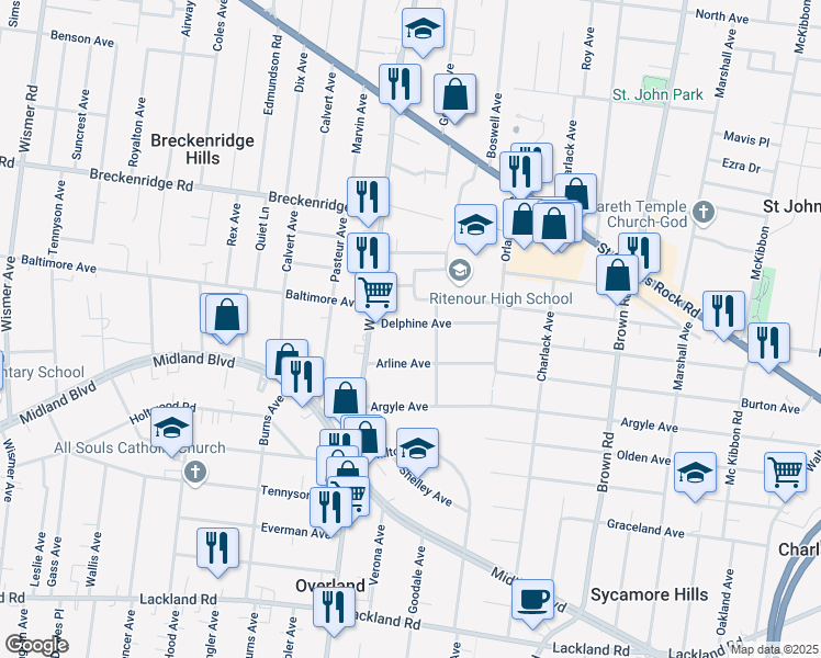 map of restaurants, bars, coffee shops, grocery stores, and more near 9212 Delphine Avenue in Overland