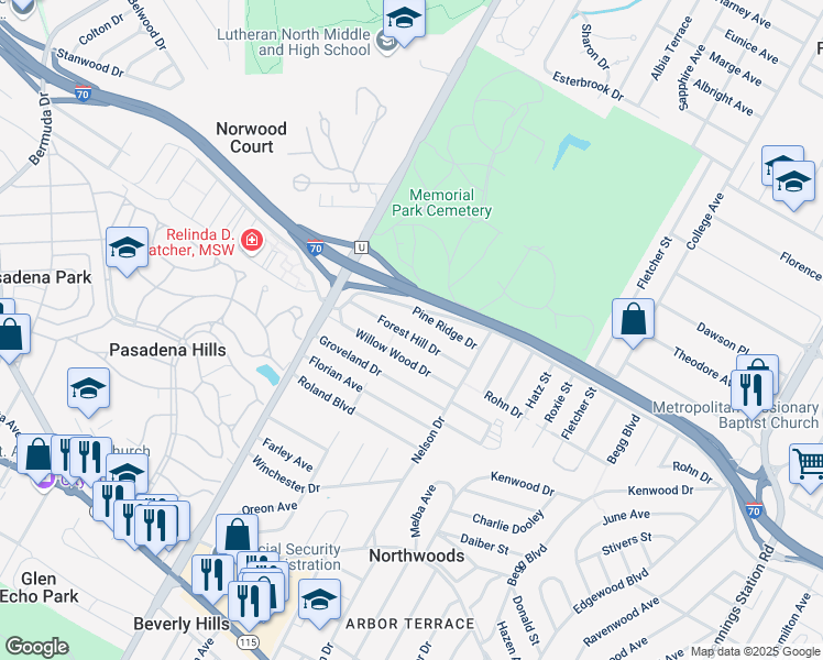 map of restaurants, bars, coffee shops, grocery stores, and more near 6943 Forest Hill Drive in St. Louis