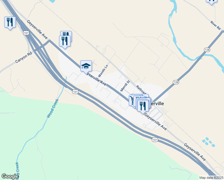map of restaurants, bars, coffee shops, grocery stores, and more near 109 Renz Lane in Geyserville