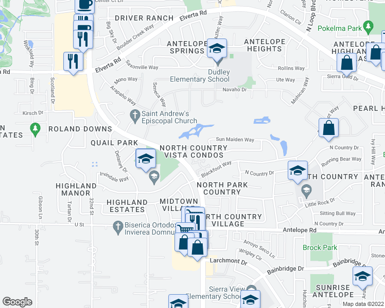 map of restaurants, bars, coffee shops, grocery stores, and more near 7740 Watt Avenue in Antelope