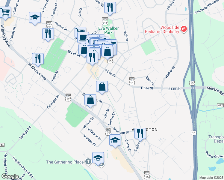 map of restaurants, bars, coffee shops, grocery stores, and more near 102 Leeds Court East in Warrenton
