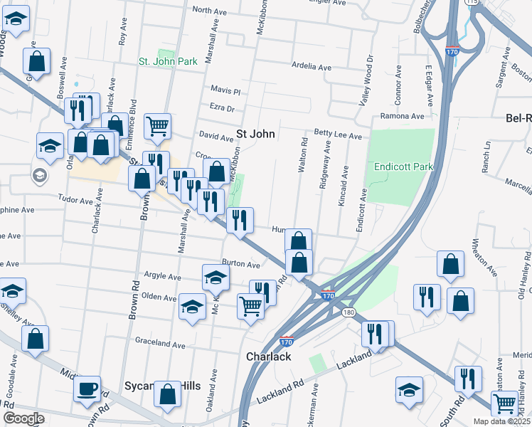 map of restaurants, bars, coffee shops, grocery stores, and more near 2915 Hilleman Avenue in St. Louis