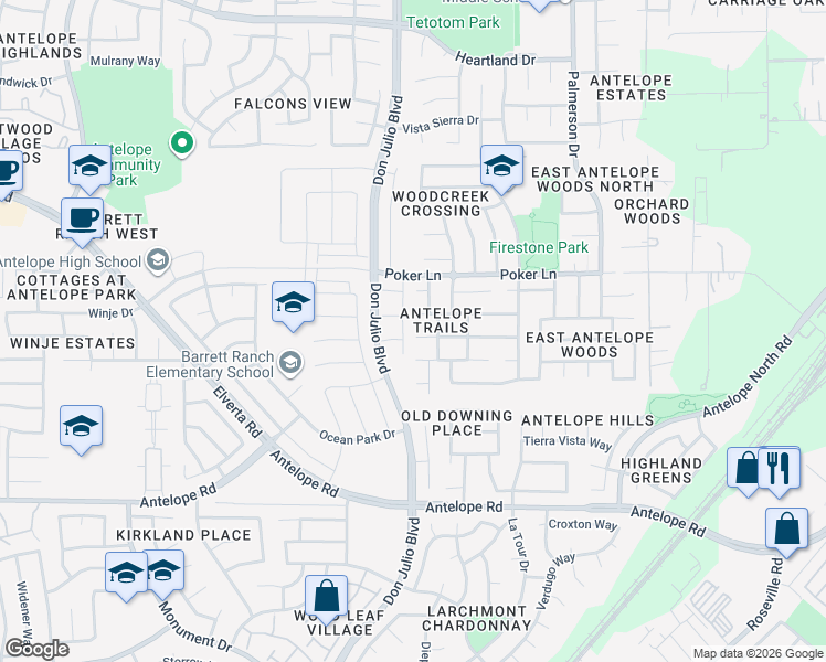 map of restaurants, bars, coffee shops, grocery stores, and more near 5101 Impala Run Place in Antelope