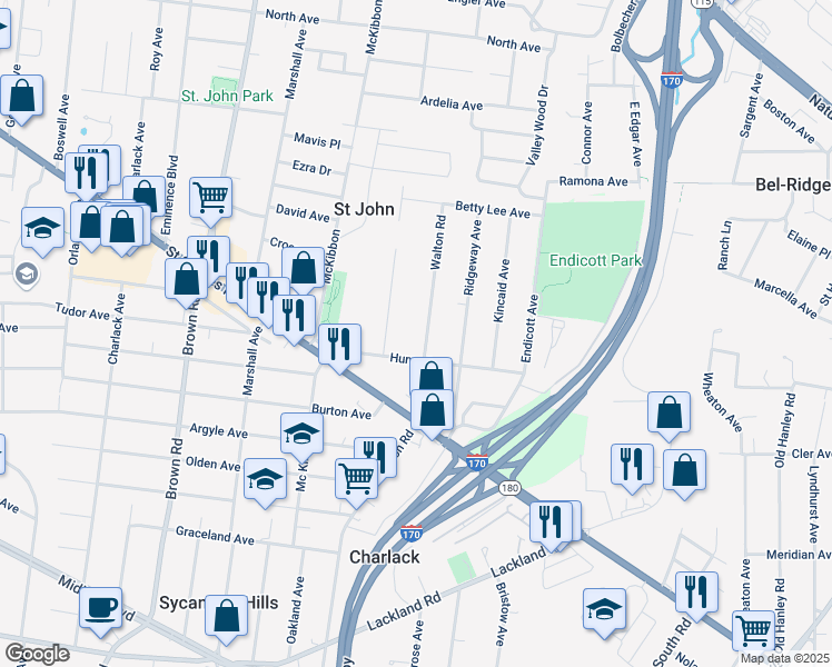 map of restaurants, bars, coffee shops, grocery stores, and more near 2917 Walton Rd in St Louis