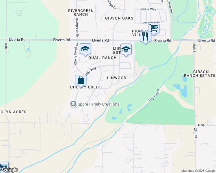 map of restaurants, bars, coffee shops, grocery stores, and more near 7727 Bellingrath Drive in Elverta