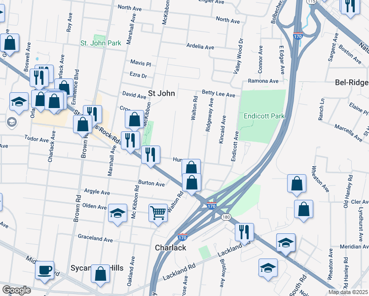 map of restaurants, bars, coffee shops, grocery stores, and more near 2917 Walton Road in St. Louis