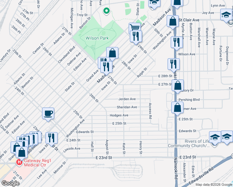 map of restaurants, bars, coffee shops, grocery stores, and more near 2670 Kate Street in Granite City