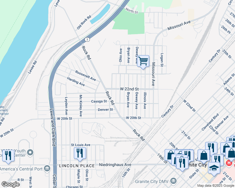 map of restaurants, bars, coffee shops, grocery stores, and more near 2125 Ohio Avenue in Granite City