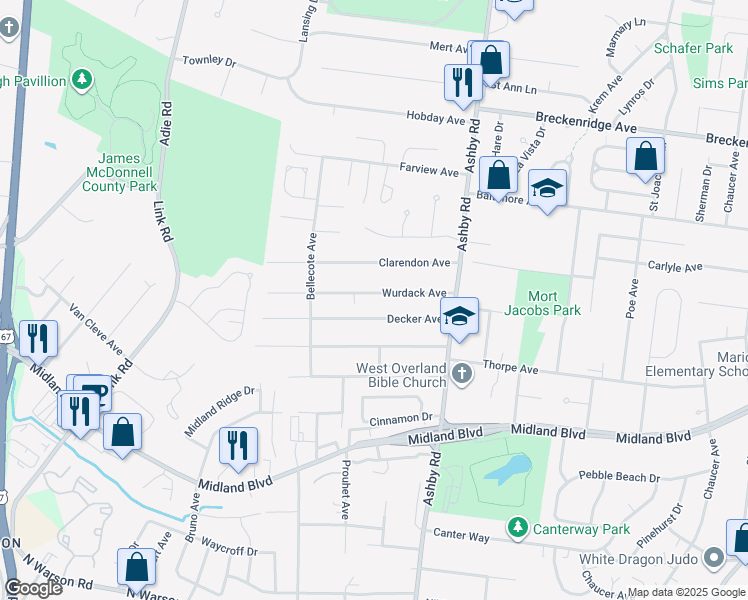 map of restaurants, bars, coffee shops, grocery stores, and more near 10560 Wurdack Avenue in Saint Louis