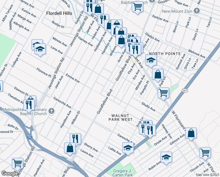 map of restaurants, bars, coffee shops, grocery stores, and more near 5535 Goodfellow Boulevard in St. Louis