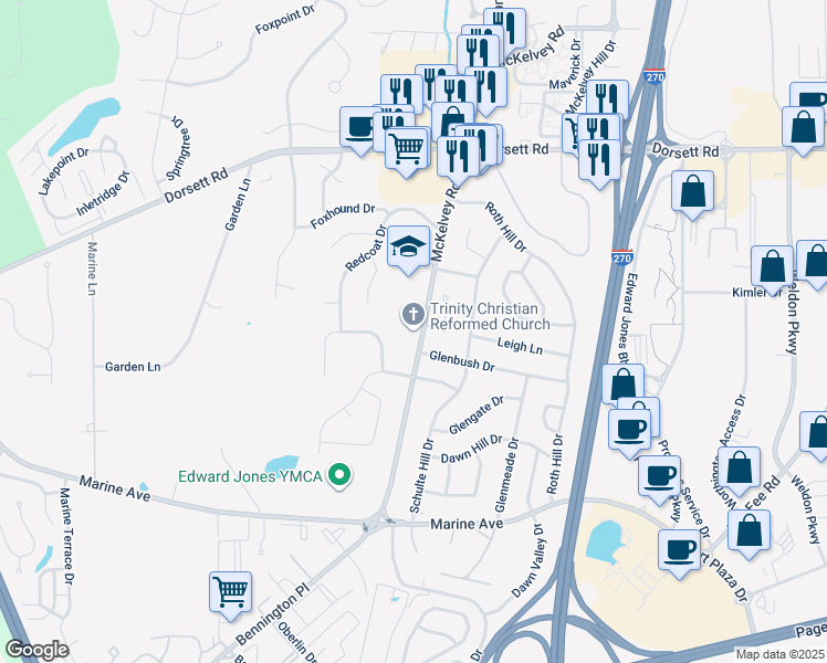 map of restaurants, bars, coffee shops, grocery stores, and more near 1703 McKelvey Road in Maryland Heights