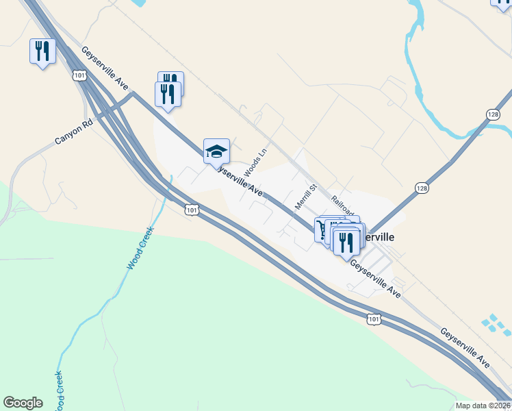 map of restaurants, bars, coffee shops, grocery stores, and more near 111 Renz Lane in Geyserville