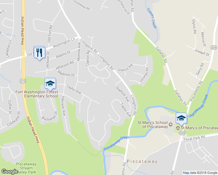 map of restaurants, bars, coffee shops, grocery stores, and more near 13111 Parkridge Circle in Fort Washington