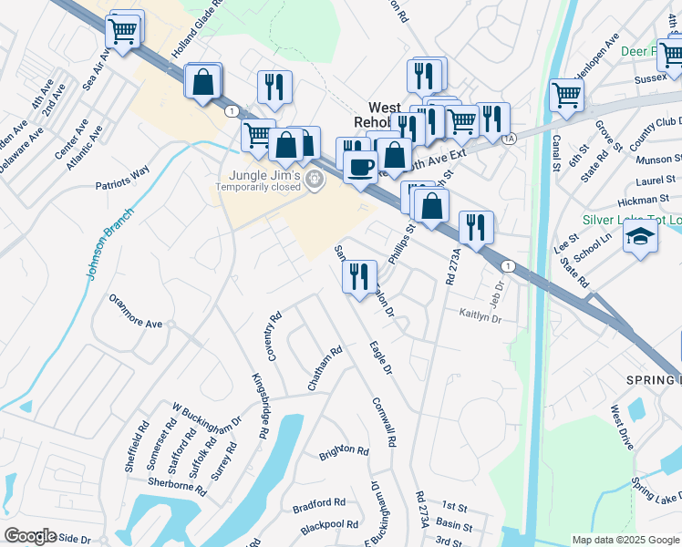 map of restaurants, bars, coffee shops, grocery stores, and more near 1706 Eagle Drive in Rehoboth Beach
