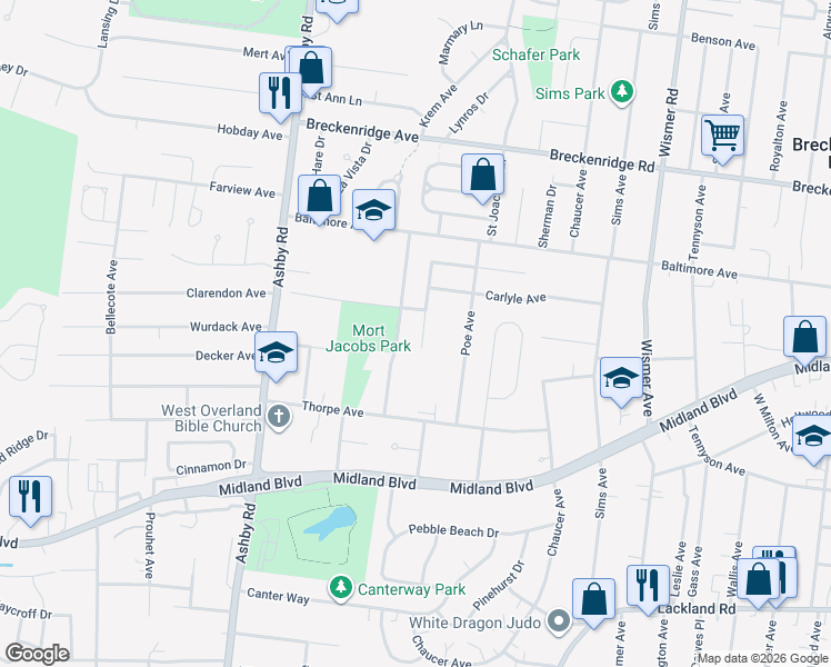map of restaurants, bars, coffee shops, grocery stores, and more near 2889 Lesmer Court in St. Louis