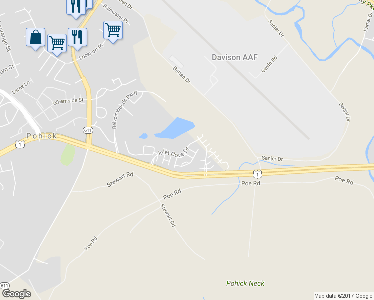 map of restaurants, bars, coffee shops, grocery stores, and more near 9100 Park Cove Drive in Fort Belvoir