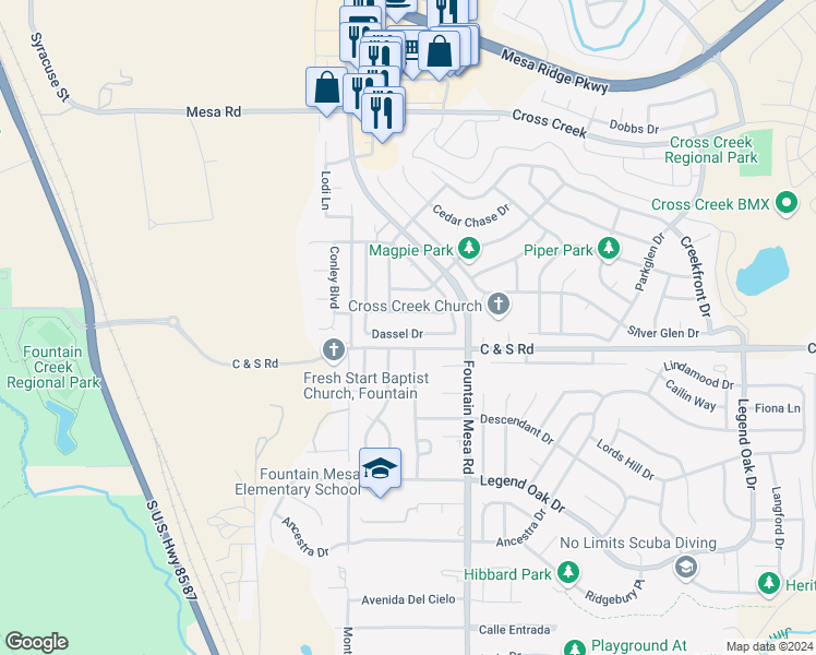 map of restaurants, bars, coffee shops, grocery stores, and more near 8479 Dassel Drive in Fountain