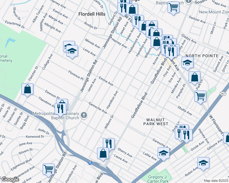 map of restaurants, bars, coffee shops, grocery stores, and more near 5469 Hamilton Avenue in Jennings