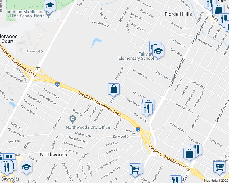 map of restaurants, bars, coffee shops, grocery stores, and more near 5301 College Avenue in Jennings