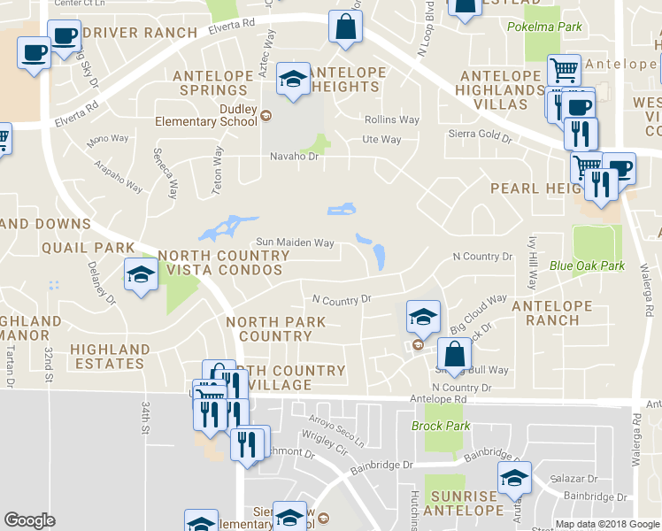 map of restaurants, bars, coffee shops, grocery stores, and more near 3562 Hiawatha Way in Antelope