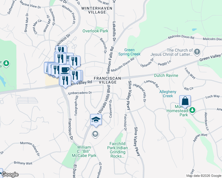 map of restaurants, bars, coffee shops, grocery stores, and more near 1812 Calaveras Drive in El Dorado Hills