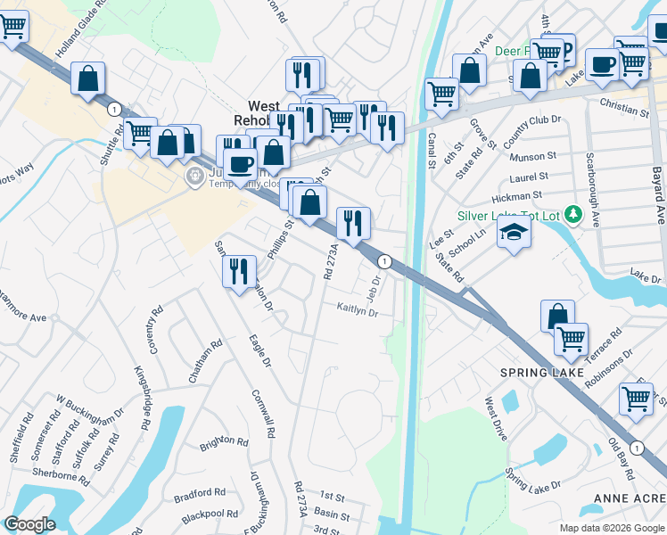 map of restaurants, bars, coffee shops, grocery stores, and more near 20287 Bay Vista Road in Rehoboth Beach