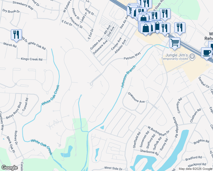 map of restaurants, bars, coffee shops, grocery stores, and more near 131 Kings Creek Circle in Rehoboth Beach