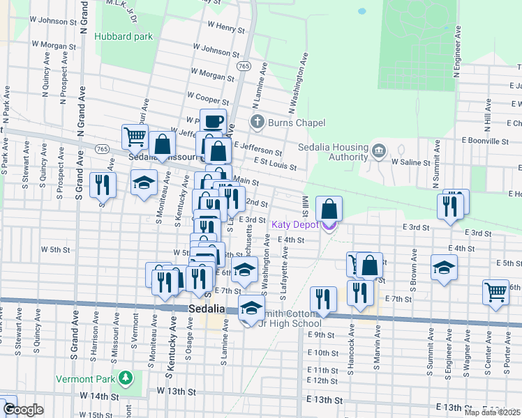 map of restaurants, bars, coffee shops, grocery stores, and more near 208 South Washington Avenue in Sedalia