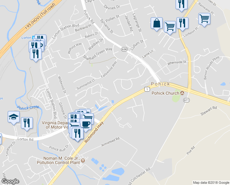 map of restaurants, bars, coffee shops, grocery stores, and more near 7592 Aspenpark Rd in Lorton