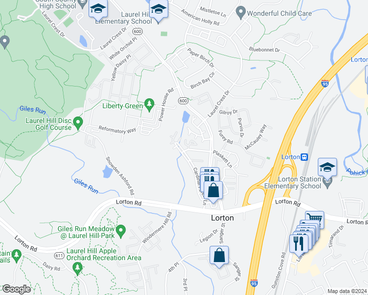 map of restaurants, bars, coffee shops, grocery stores, and more near 9223 Cardinal Forest Lane in Lorton