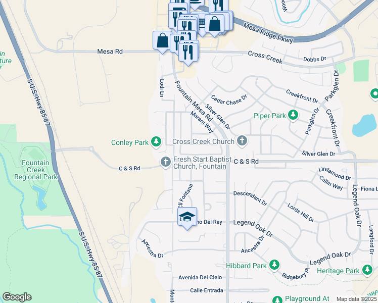 map of restaurants, bars, coffee shops, grocery stores, and more near 8449 Dassel Drive in Fountain