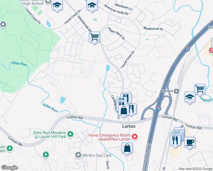map of restaurants, bars, coffee shops, grocery stores, and more near 9223 Cardinal Forest Lane in Lorton