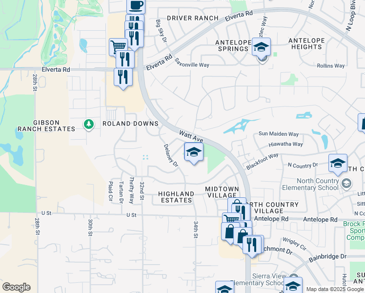 map of restaurants, bars, coffee shops, grocery stores, and more near 7750 Goldfinch Way in Antelope