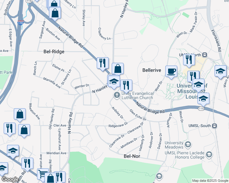 map of restaurants, bars, coffee shops, grocery stores, and more near 3101 Nordic Drive in St. Louis