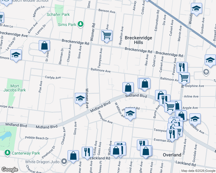 map of restaurants, bars, coffee shops, grocery stores, and more near 2825 West Milton Avenue in Overland