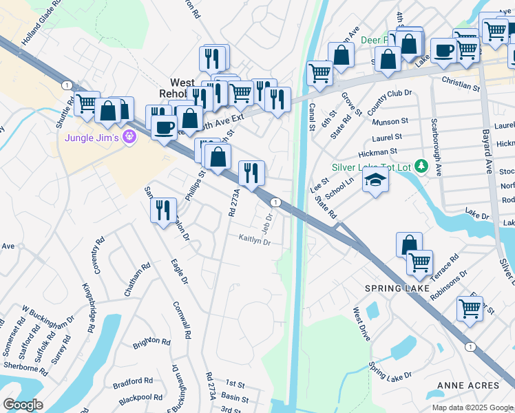 map of restaurants, bars, coffee shops, grocery stores, and more near 20326 Luciana Lane in Rehoboth Beach