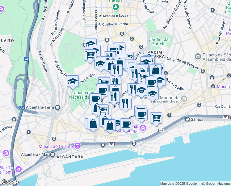 map of restaurants, bars, coffee shops, grocery stores, and more near 4 Rua Ricardo Espírito Santo in Lisbon