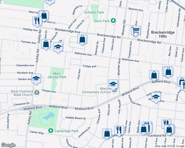 map of restaurants, bars, coffee shops, grocery stores, and more near 48 Gocke Place in Overland