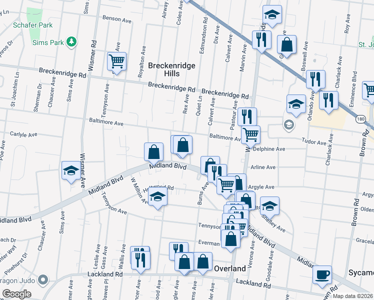 map of restaurants, bars, coffee shops, grocery stores, and more near 2735 Annapolis Avenue in Overland