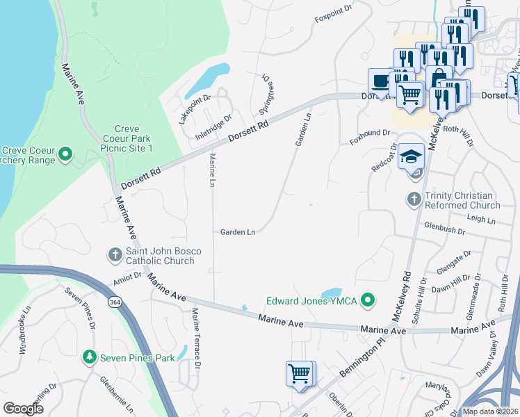 map of restaurants, bars, coffee shops, grocery stores, and more near 55 Garden Lane in Maryland Heights