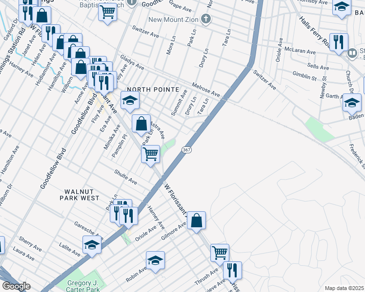 map of restaurants, bars, coffee shops, grocery stores, and more near 5779 Riverview Blvd in St Louis