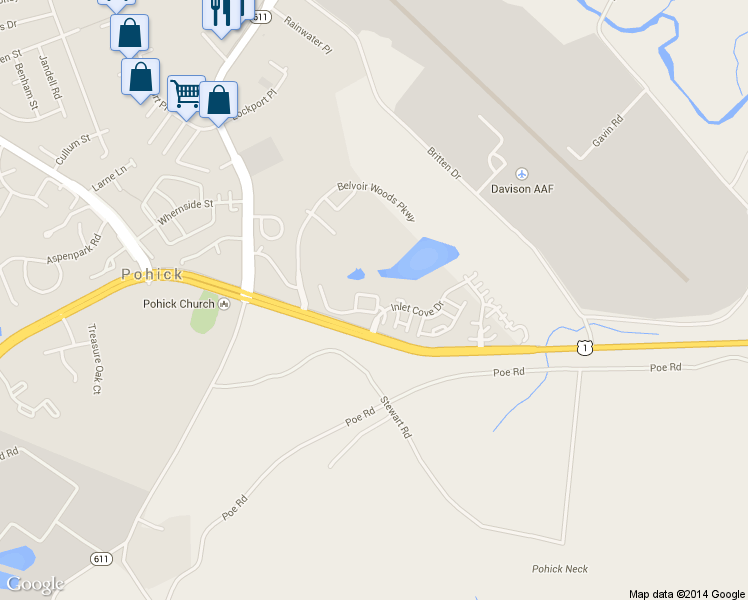 map of restaurants, bars, coffee shops, grocery stores, and more near 7115 Point Replete Circle in Fort Belvoir