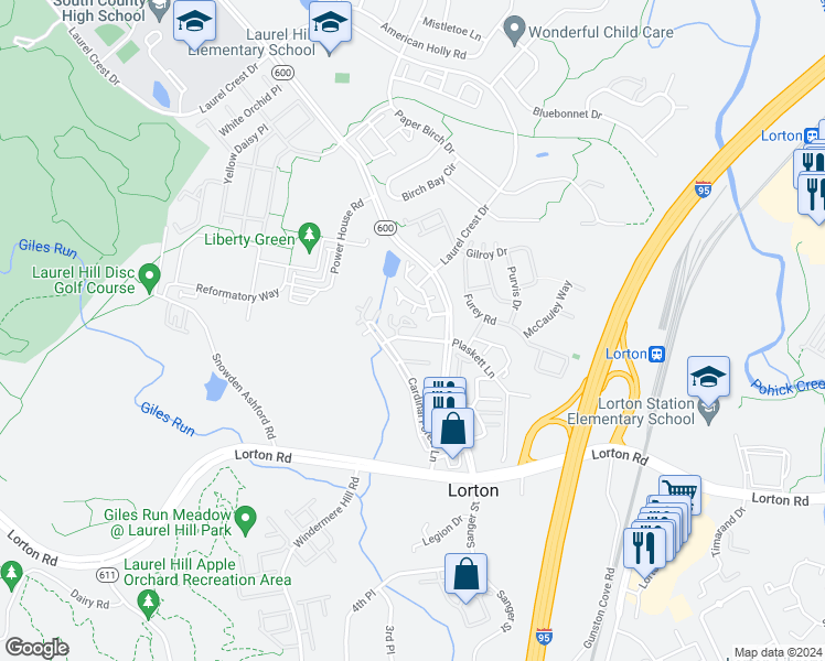map of restaurants, bars, coffee shops, grocery stores, and more near 8318 Bluebird Way in Lorton