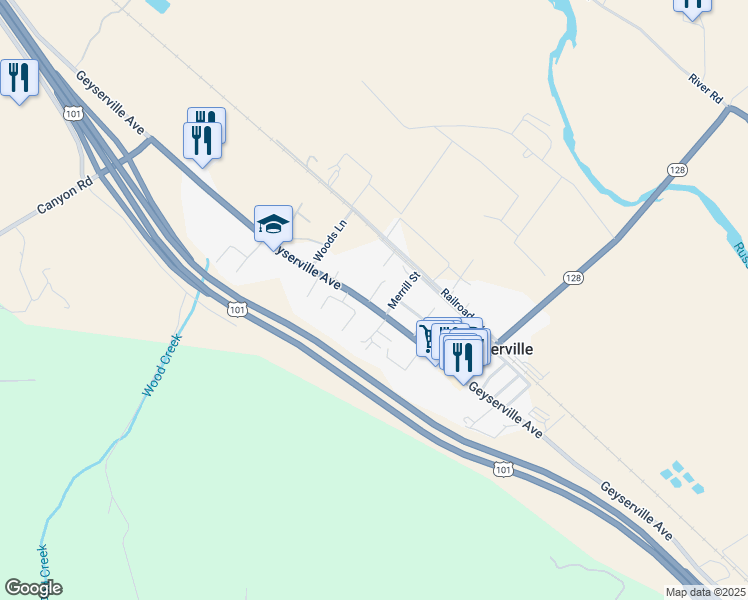 map of restaurants, bars, coffee shops, grocery stores, and more near 109 Renz Lane in Geyserville