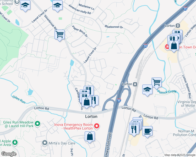 map of restaurants, bars, coffee shops, grocery stores, and more near 9096 Furey Road in Lorton
