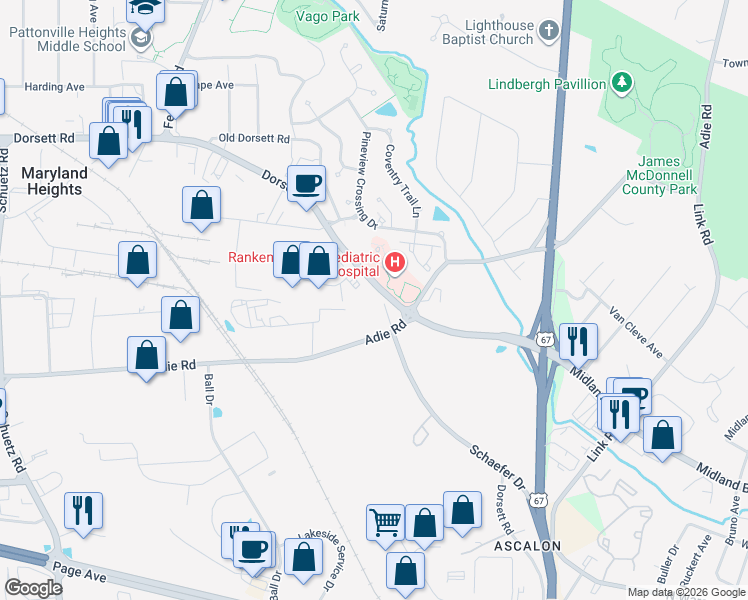 map of restaurants, bars, coffee shops, grocery stores, and more near in Maryland Heights