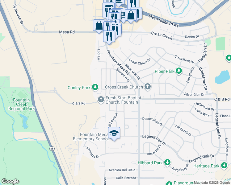 map of restaurants, bars, coffee shops, grocery stores, and more near 8455 Dassel Drive in Fountain