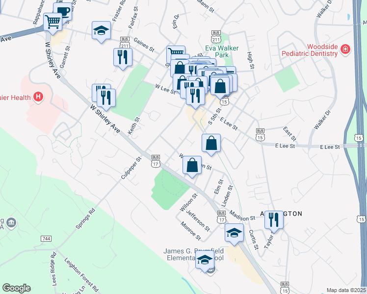 map of restaurants, bars, coffee shops, grocery stores, and more near 153 Green Street in Warrenton