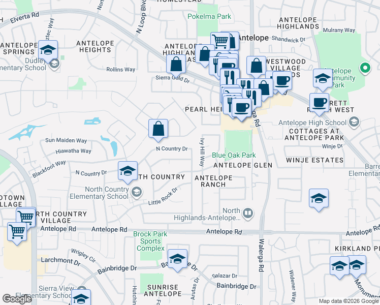 map of restaurants, bars, coffee shops, grocery stores, and more near 3986 North Country Drive in Antelope
