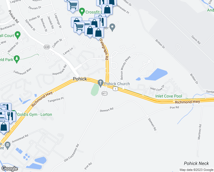 map of restaurants, bars, coffee shops, grocery stores, and more near 9193 Richmond Highway in Lorton